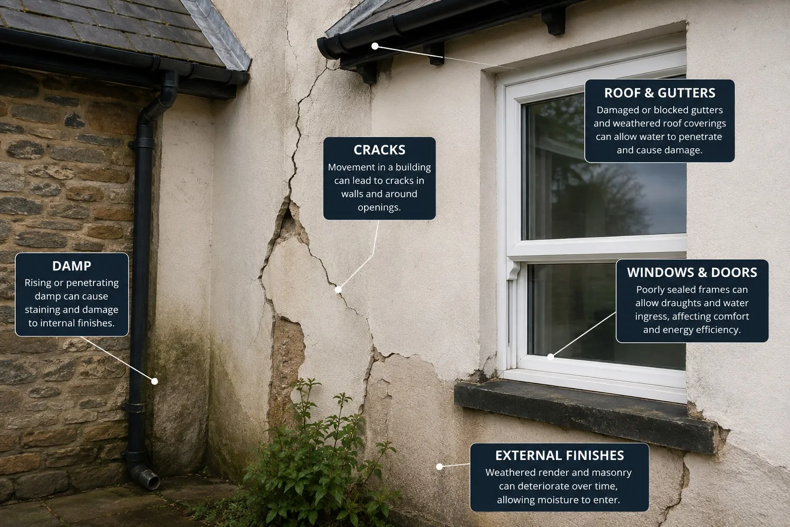 Visible damp and cracking in an older property