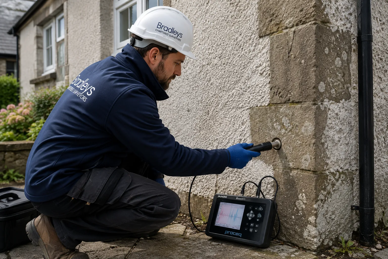 Surveyor carrying out concrete testing at a property