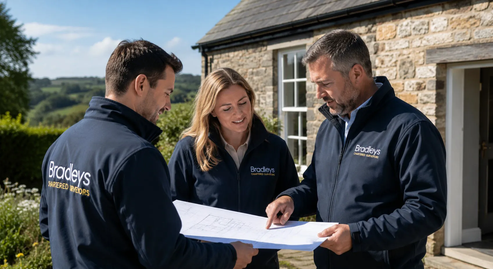Bradleys Chartered Surveyors team discussing a South West property